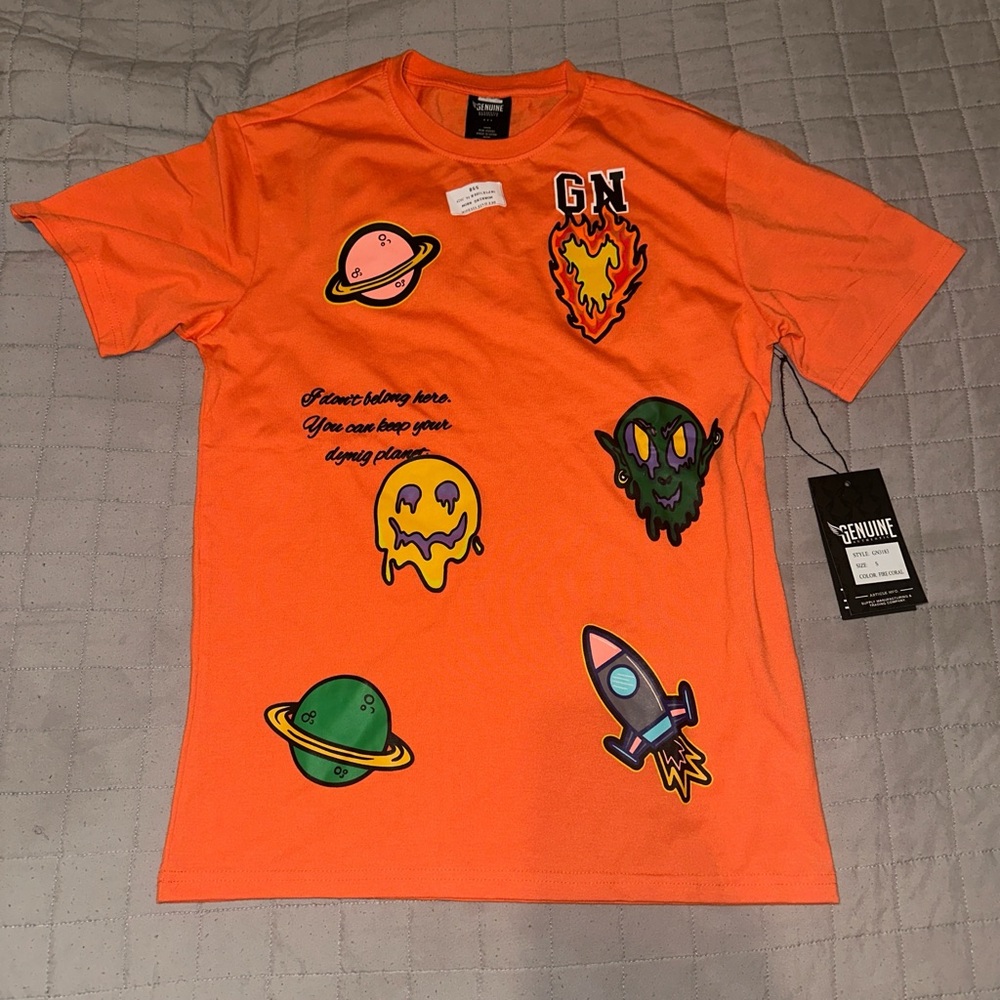 Bold Orange Graphic Tee with Space and Alien Designs